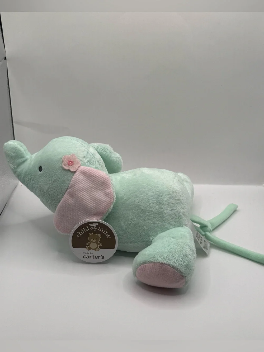 Child of Mine By Carters Green and Pink Plush Elephant Crib Toy Stuffed Animal